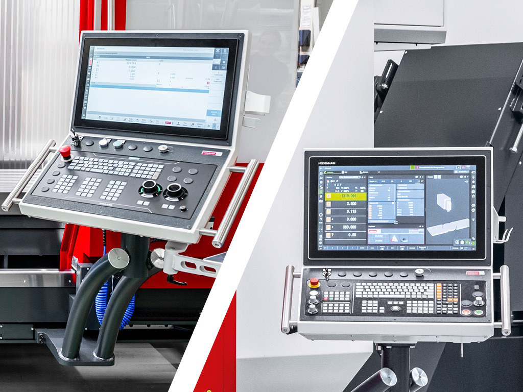 Centrum obróbcze HEDELIUS jest prezentowane z dwoma różnymi systemami sterowania. Po lewej, Siemens Sinumerik One. Po prawej, Heidenhain TNC7. Oba są wyposażone w pełną klawiaturę CNC i kolorowy monitor.